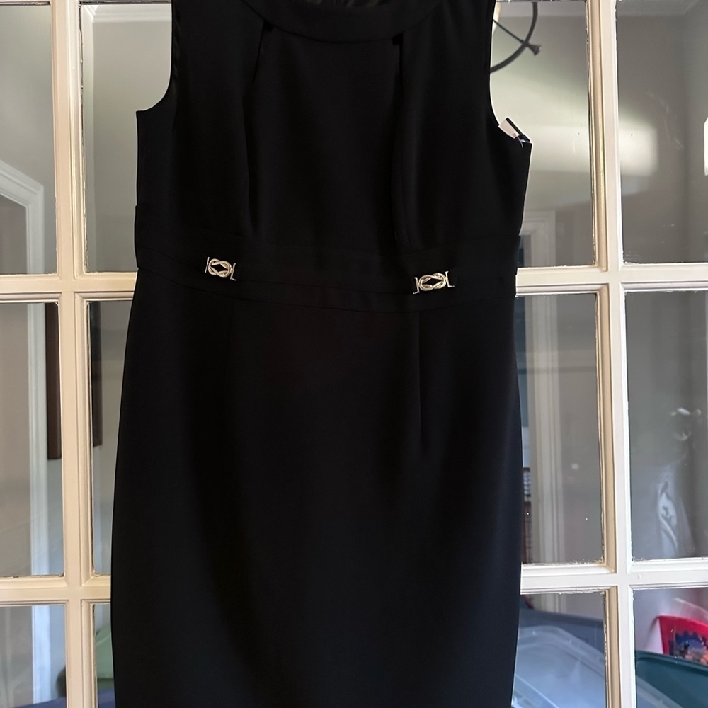 Tahari Black Sheath Midi Dress with Crew Neck
